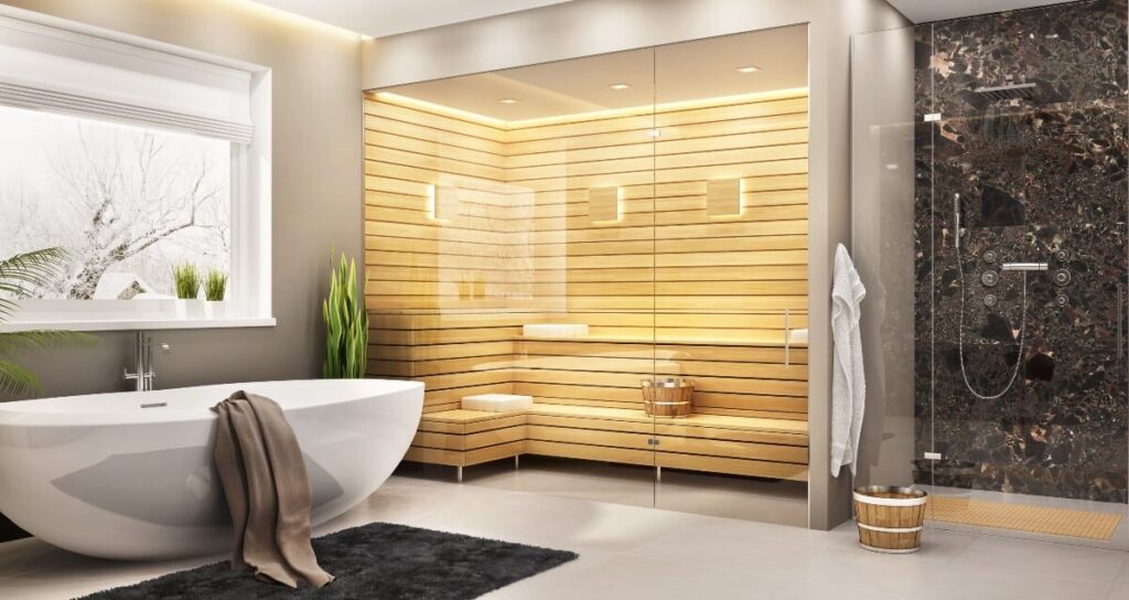 Home spa with sauna, tub, and shower
