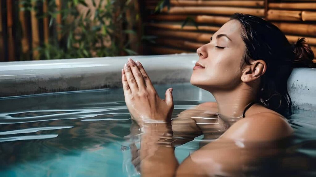 Woman taking a cold plunge bath at home