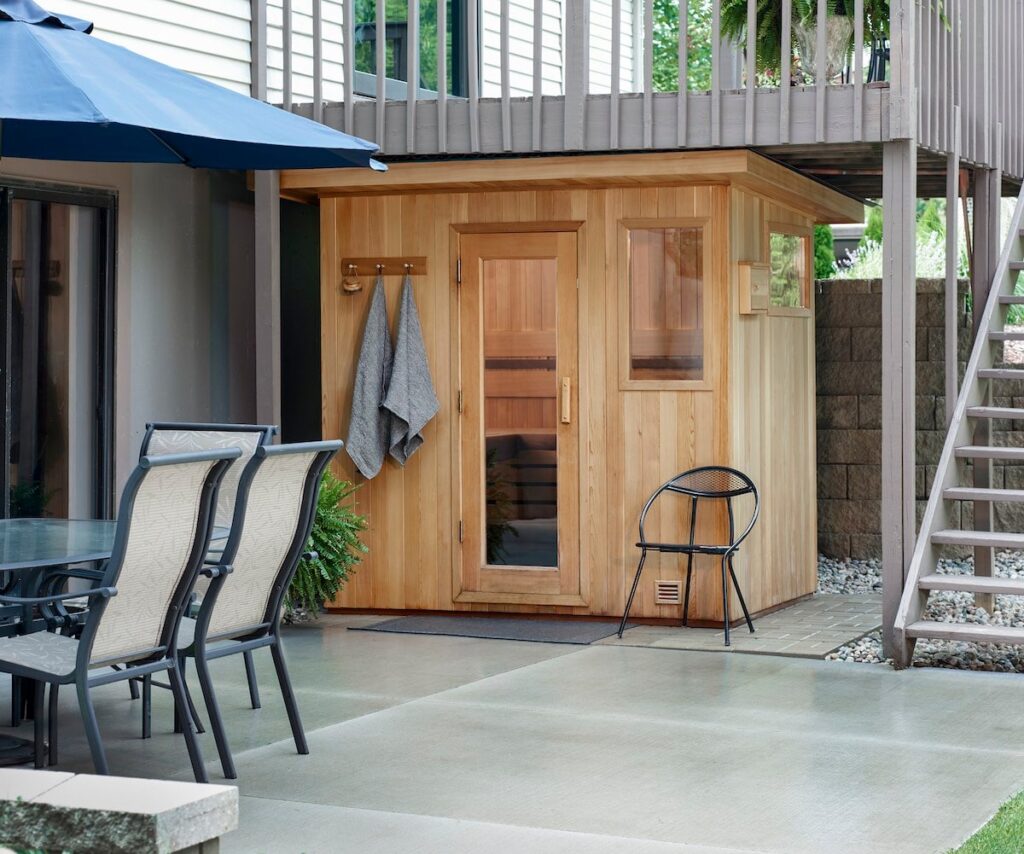 Semi-portable outdoor sauna in elegant backyard