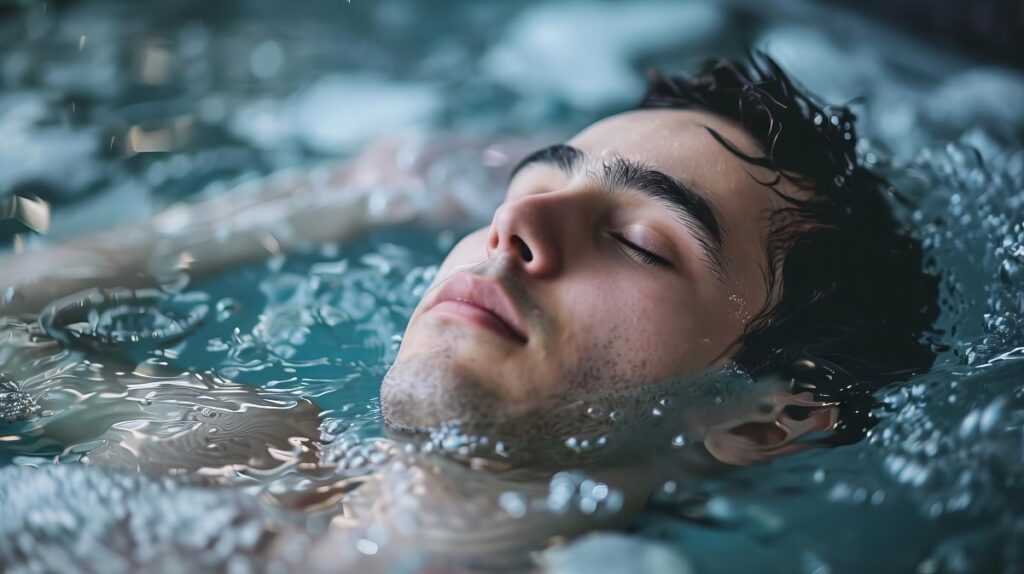 Man relaxing nearly submerged in cold plunge bath