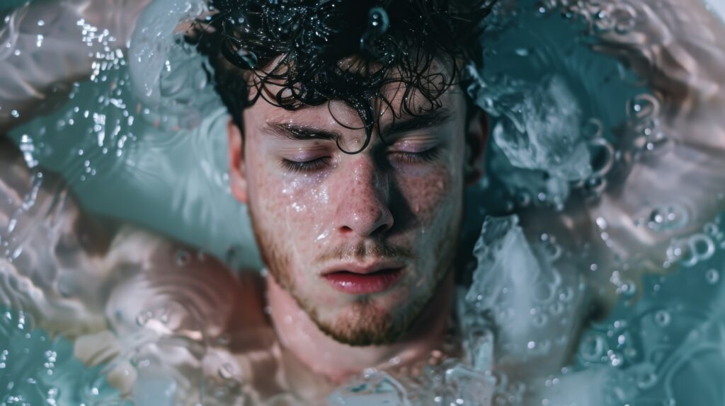 Man concentrating in cold plunge