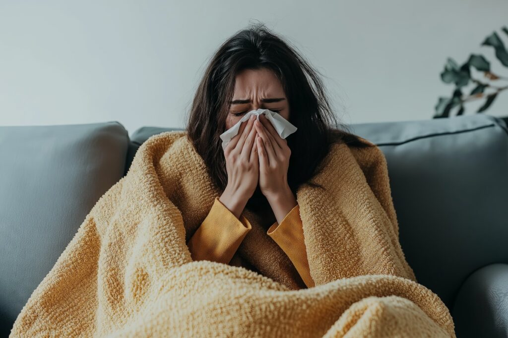 Woman with a cold sneezing into a tissue