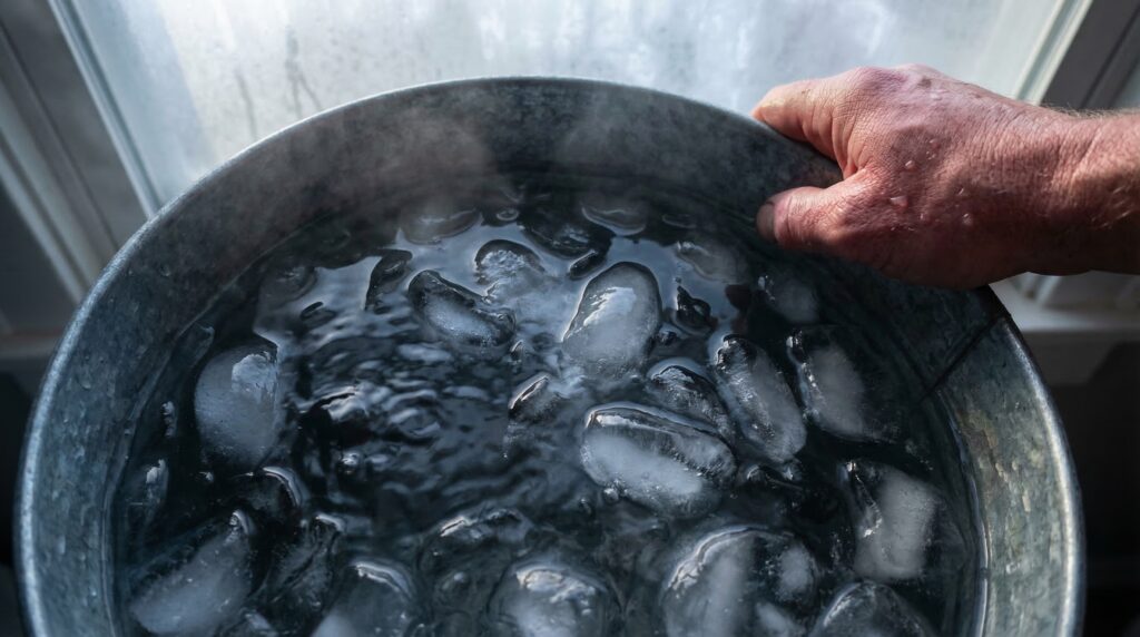 Bucket of ice used for contrast therapy